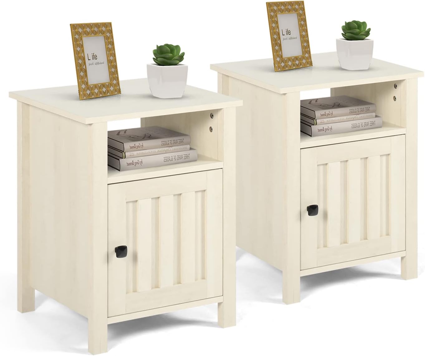 White Wooden Nightstand with Storage Shelf and Cabinet T334107