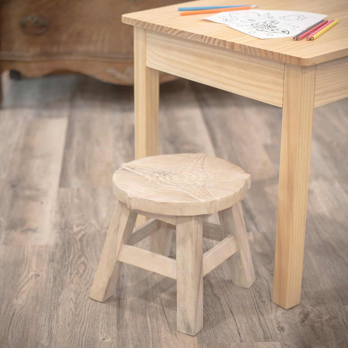 Whitewash Hand Carved Acacia Wood Decorative Stool D3124