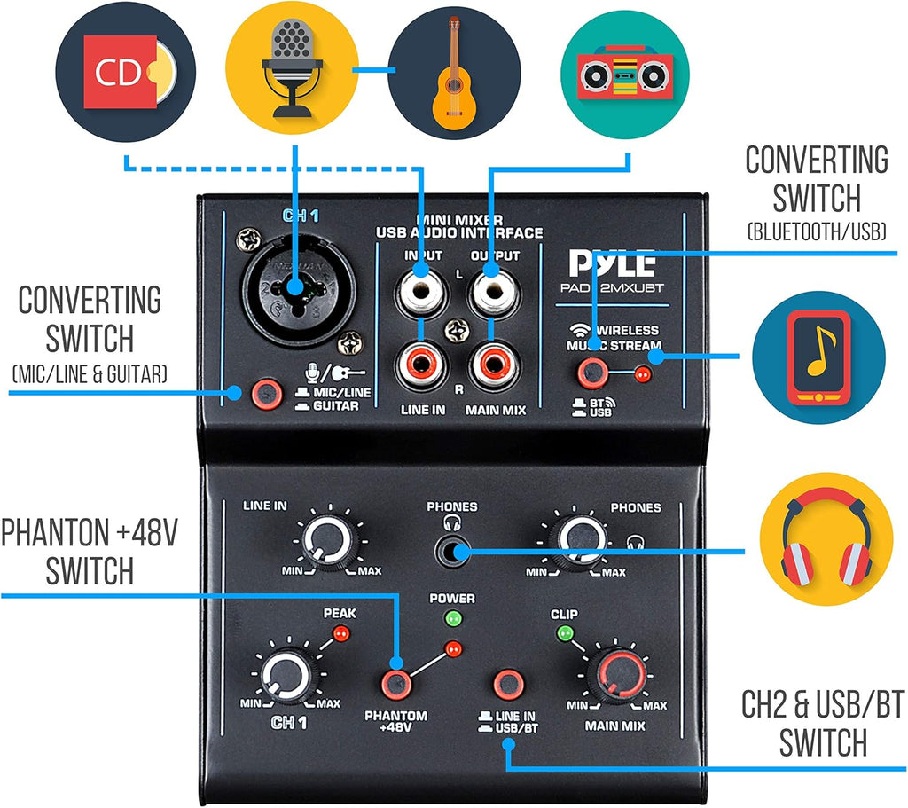 2-Channel Bluetooth DJ Controller Sound Mixer with USB Audio Interface X60743