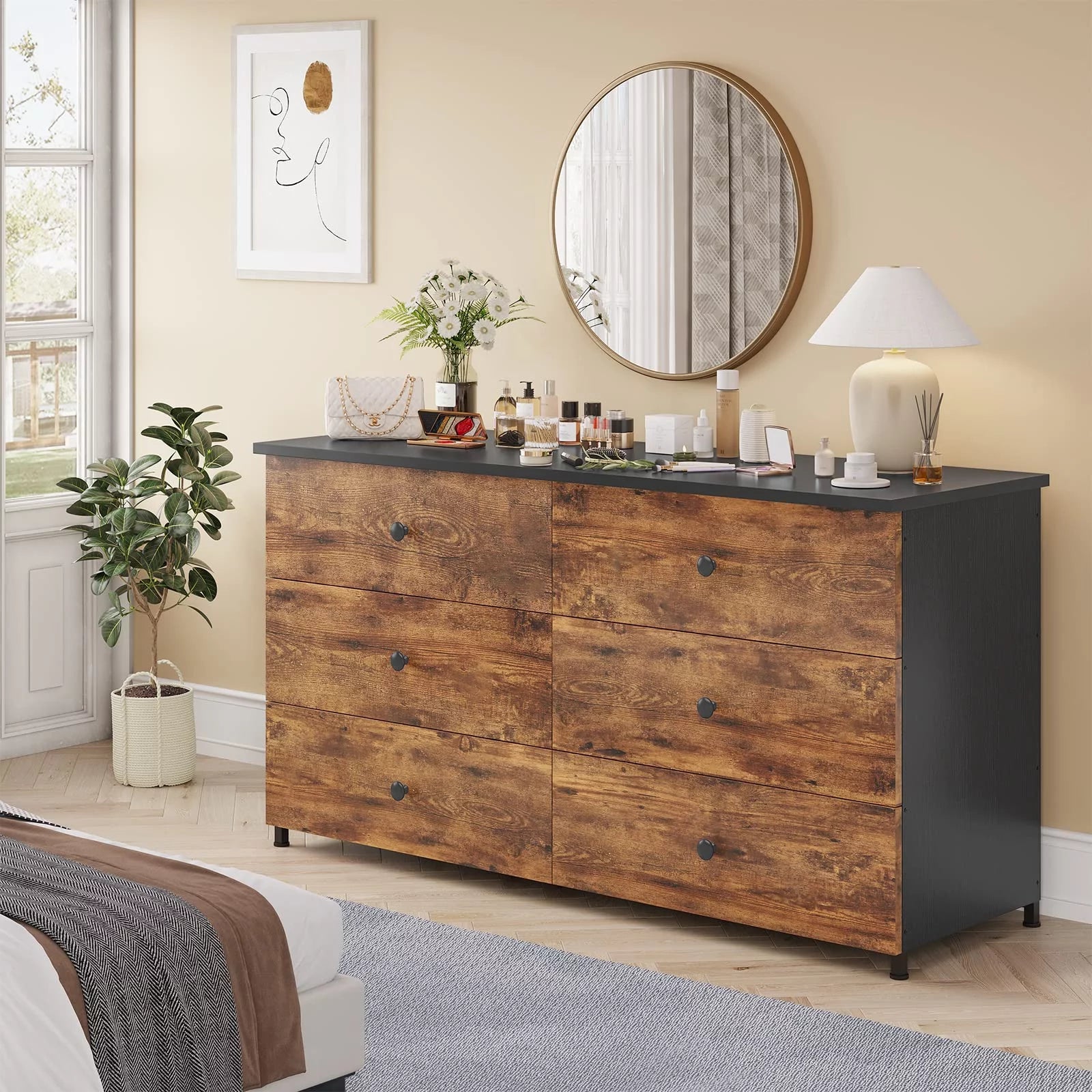 Brown 6 Drawer Wooden Dresser with Steel Frame T2349