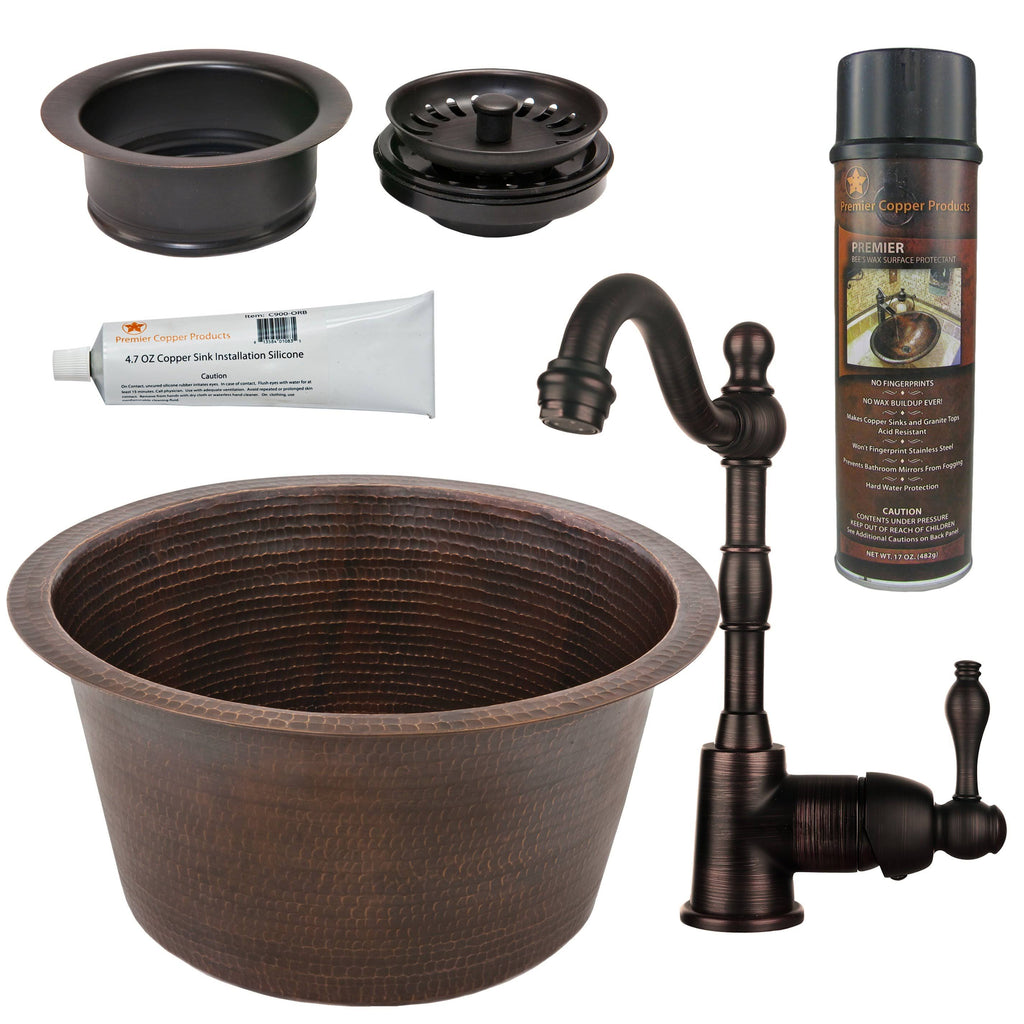17x22 Round Hammered Copper Bar/Prep Sink with Faucet & Accessories Package W5359