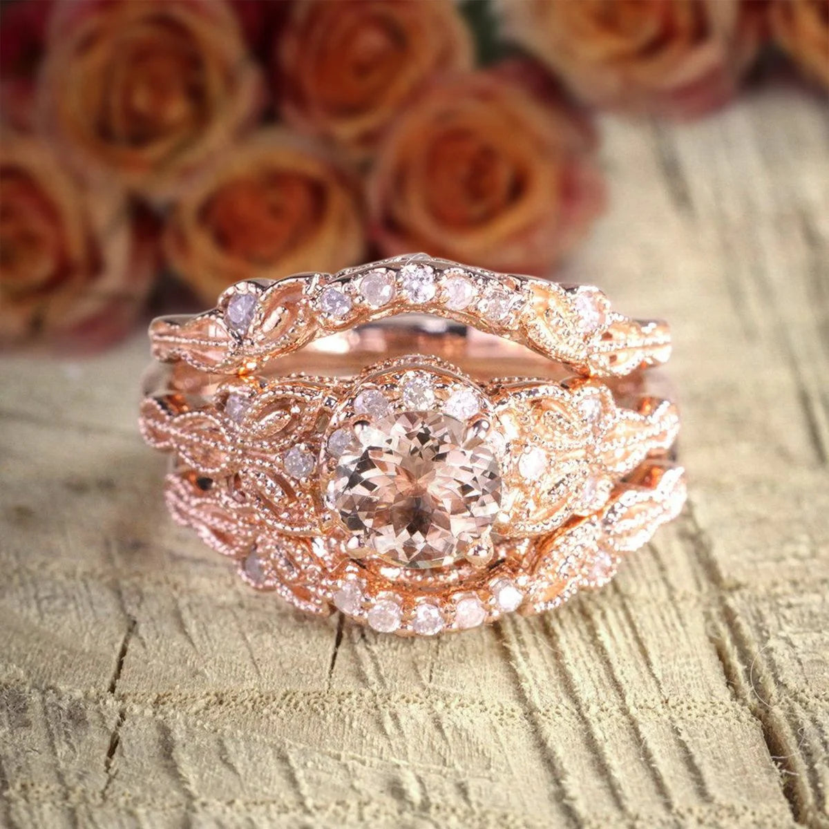 Morganite and Diamond Trio Ring Set in 10k Rose Gold O379731