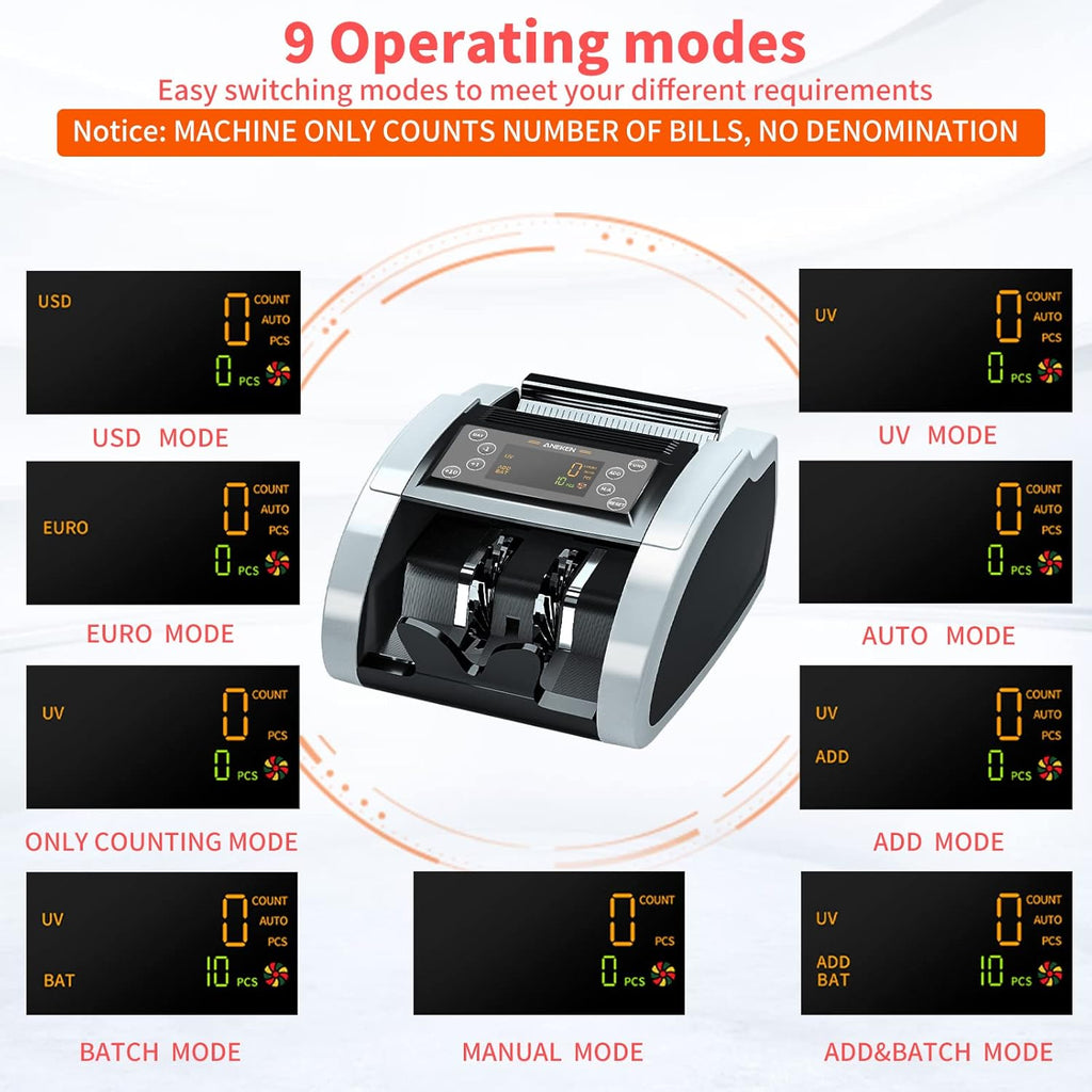 Money Counter with UV/MG/IR/DBL/HLF/CHN Counterfeit Detection, Portable Bill Counter with LED Display, 1,000 Bills/Min C298