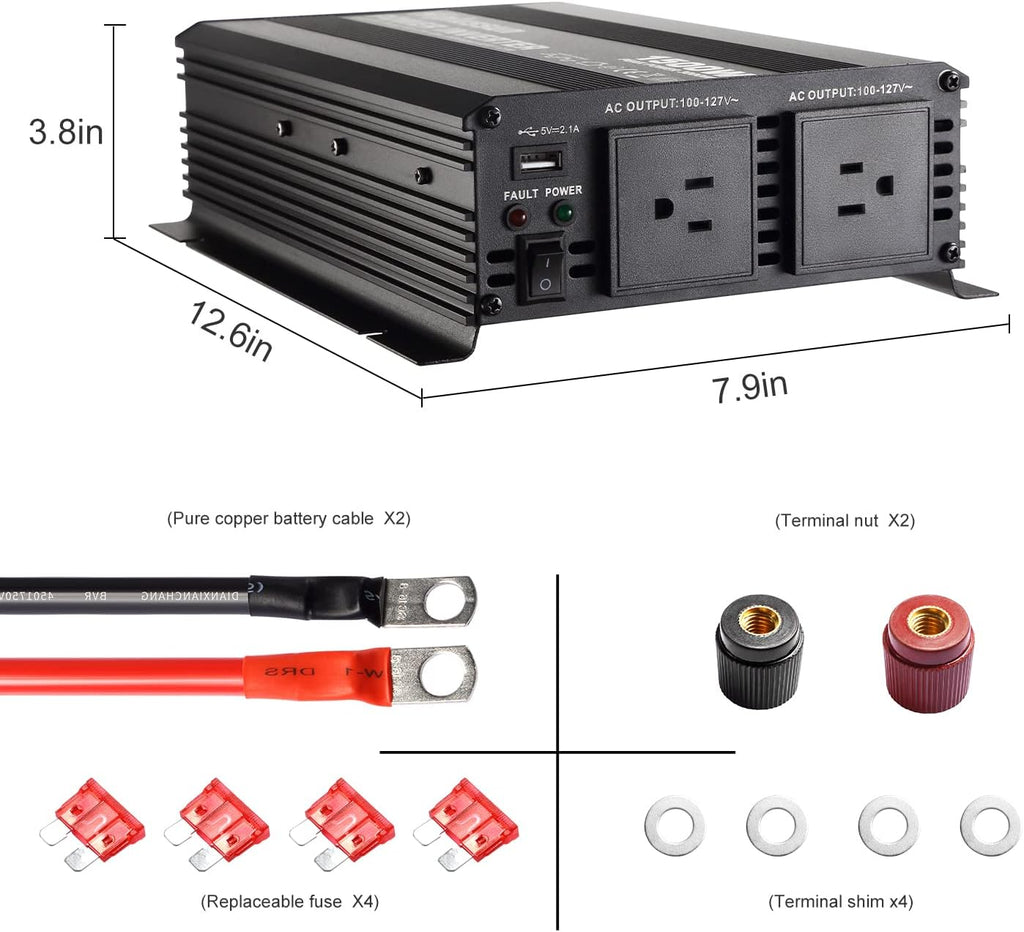 1500 Watt 12v to 110v Power Inverter DC to AC Modified Sine Wave with USB Port and Dual AC Outlets M5190