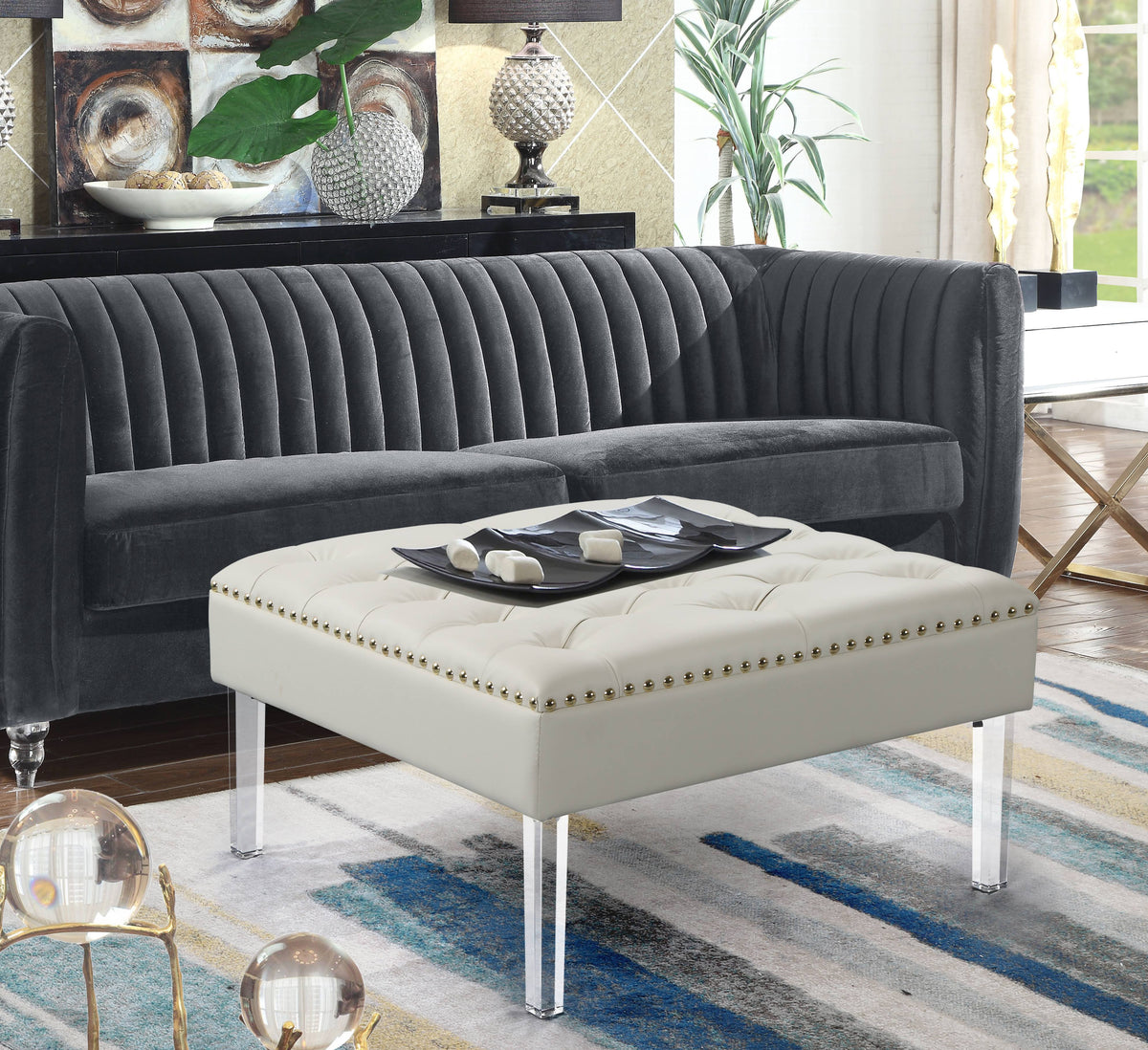 White PU Button Tufted Square Ottoman L88603