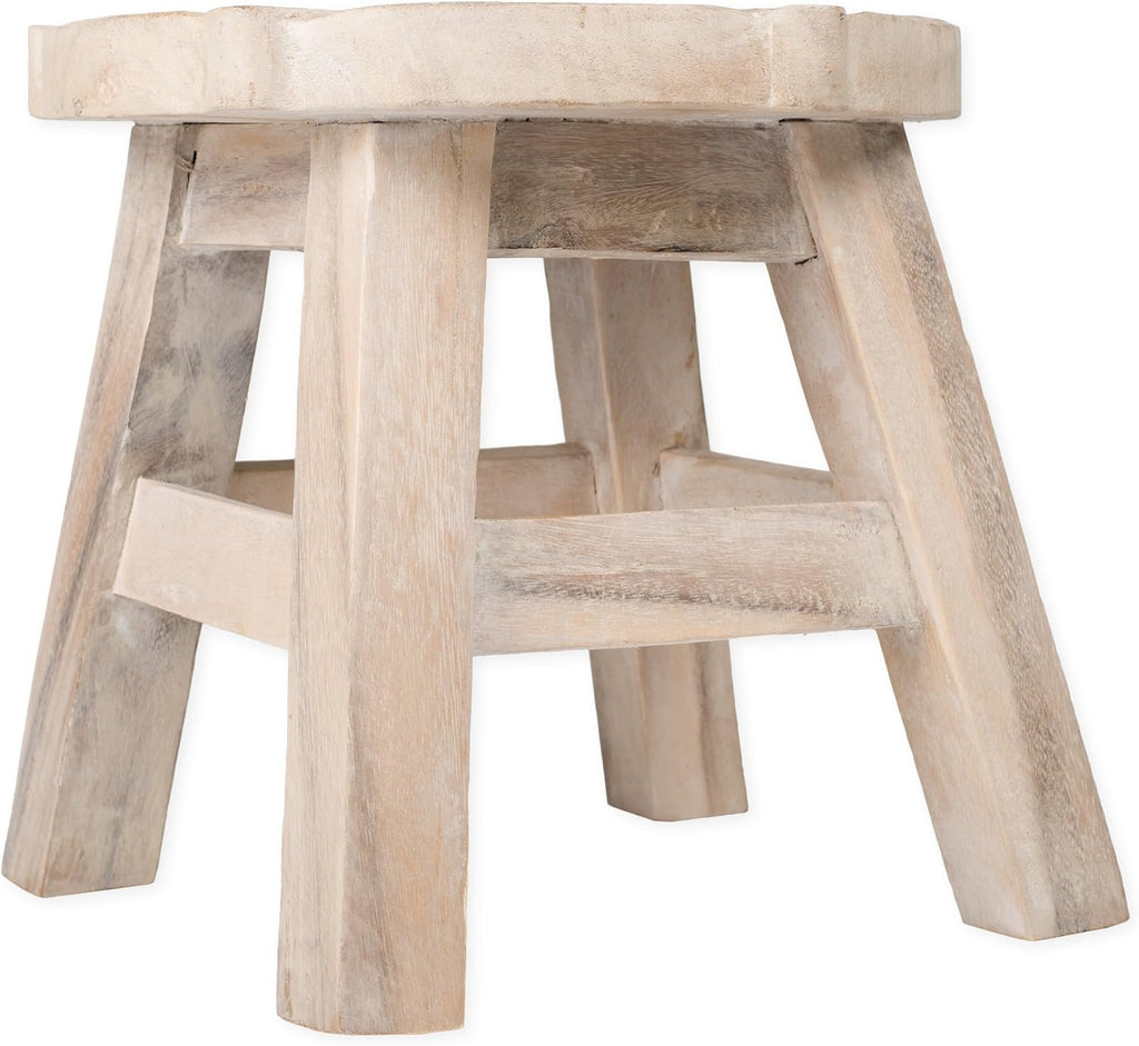 Whitewash Hand Carved Acacia Wood Decorative Stool D3124