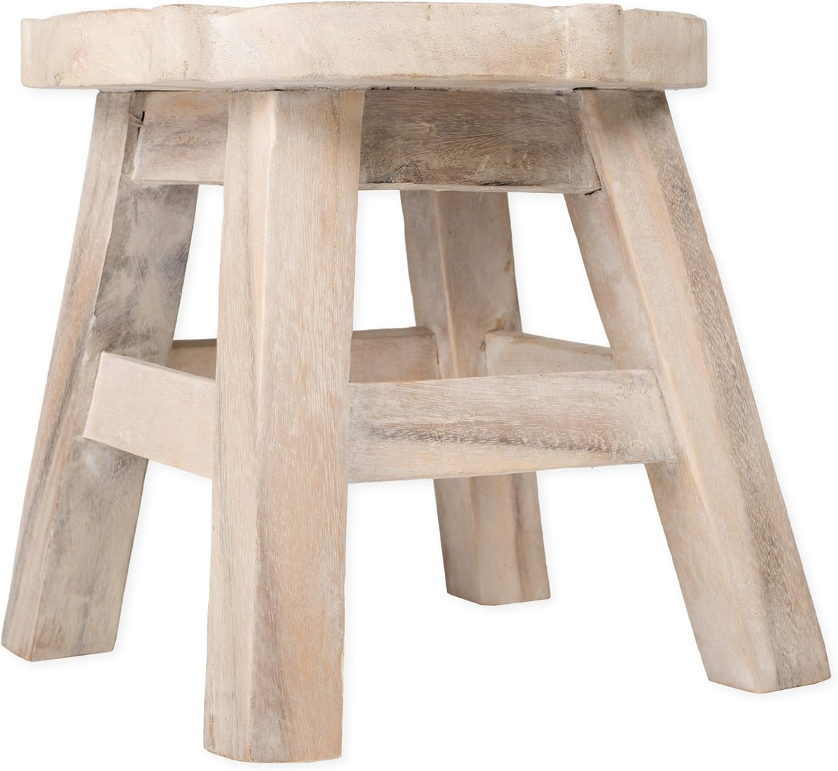 Whitewash Hand Carved Acacia Wood Decorative Stool D3124