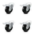 4 inch Hard Rubber Wheel Swivel Bolt Hole Caster Set with Total Lock Brake W6801