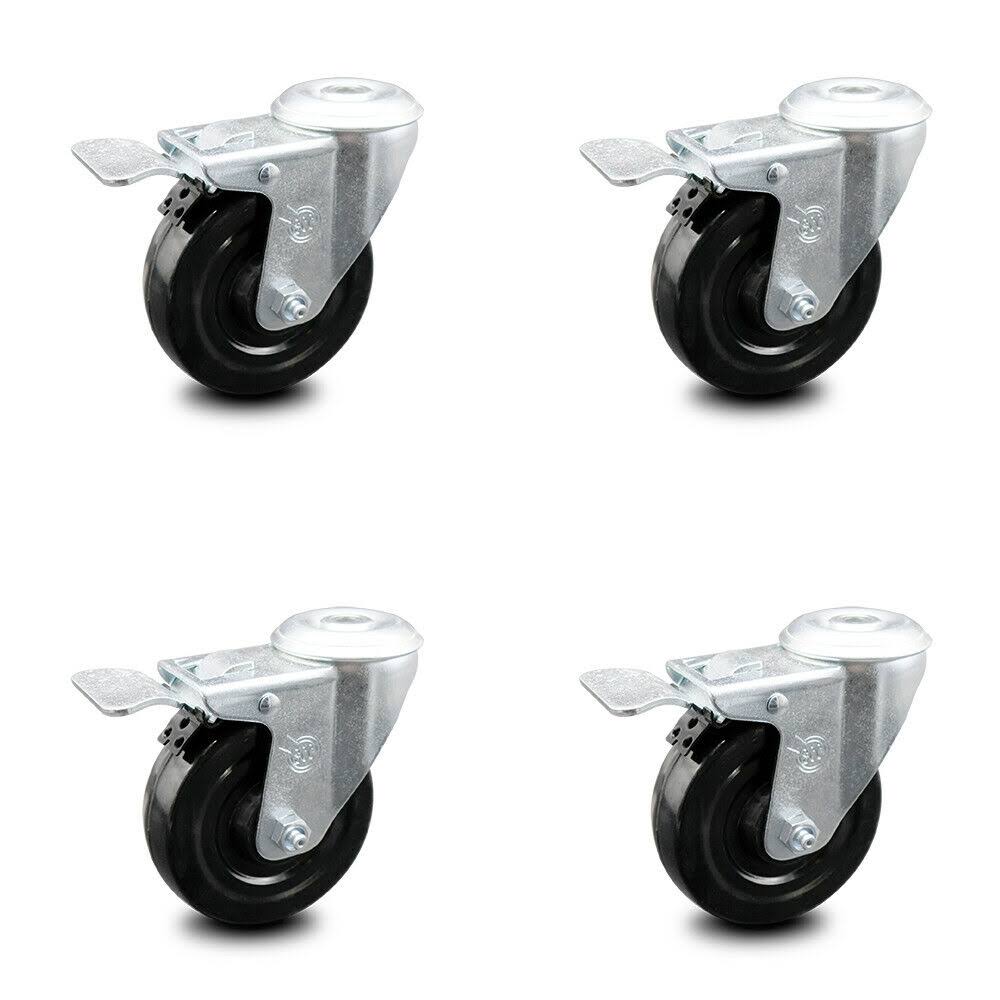 4 inch Hard Rubber Wheel Swivel Bolt Hole Caster Set with Total Lock Brake W6801