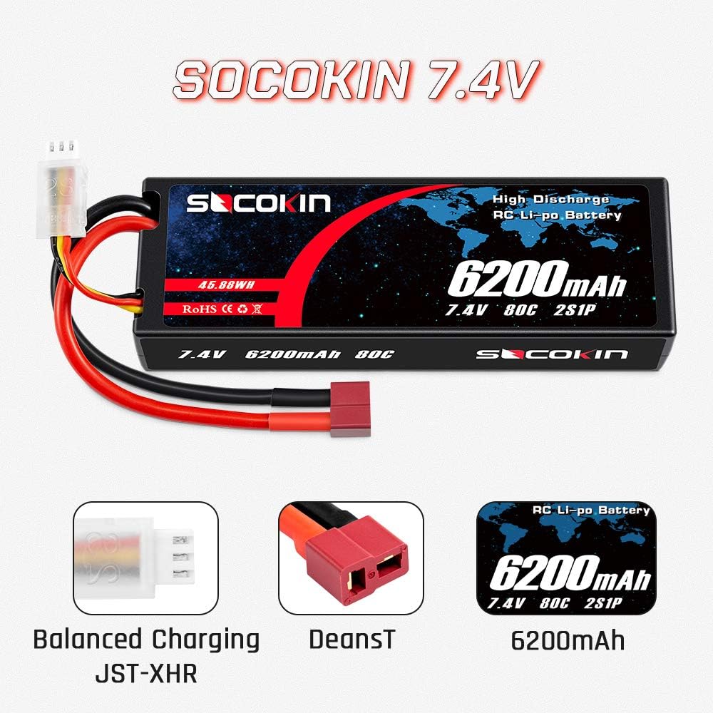 2 Pack 7.4V 2S 6200mAh 80C Hard Case Lipo Battery with Deans T B53237