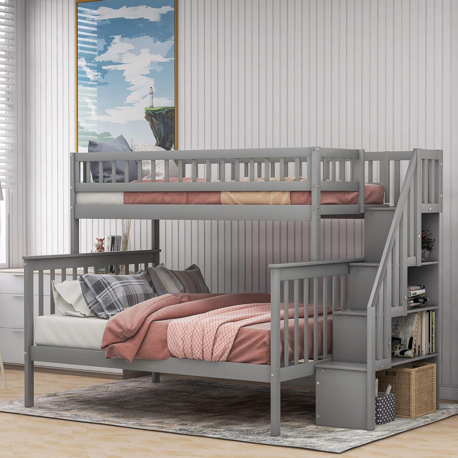 Twin Loft Bed with Slide and Staircase Storage S281