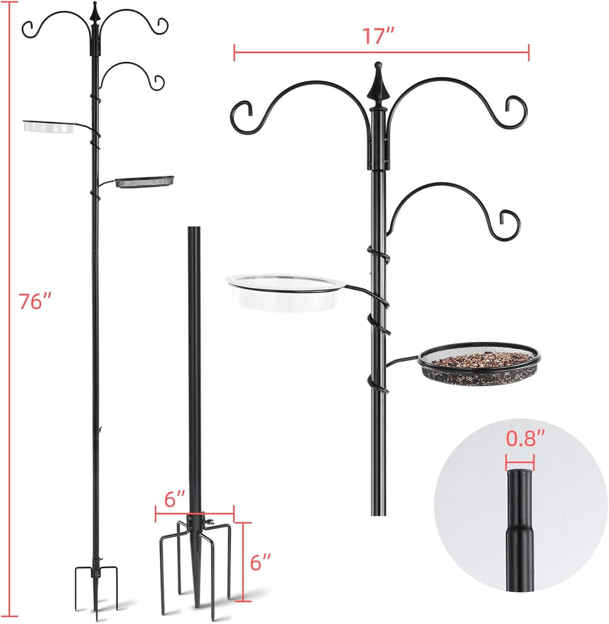 Black 77" Bird Feeder Pole with 5 Prong Base S705