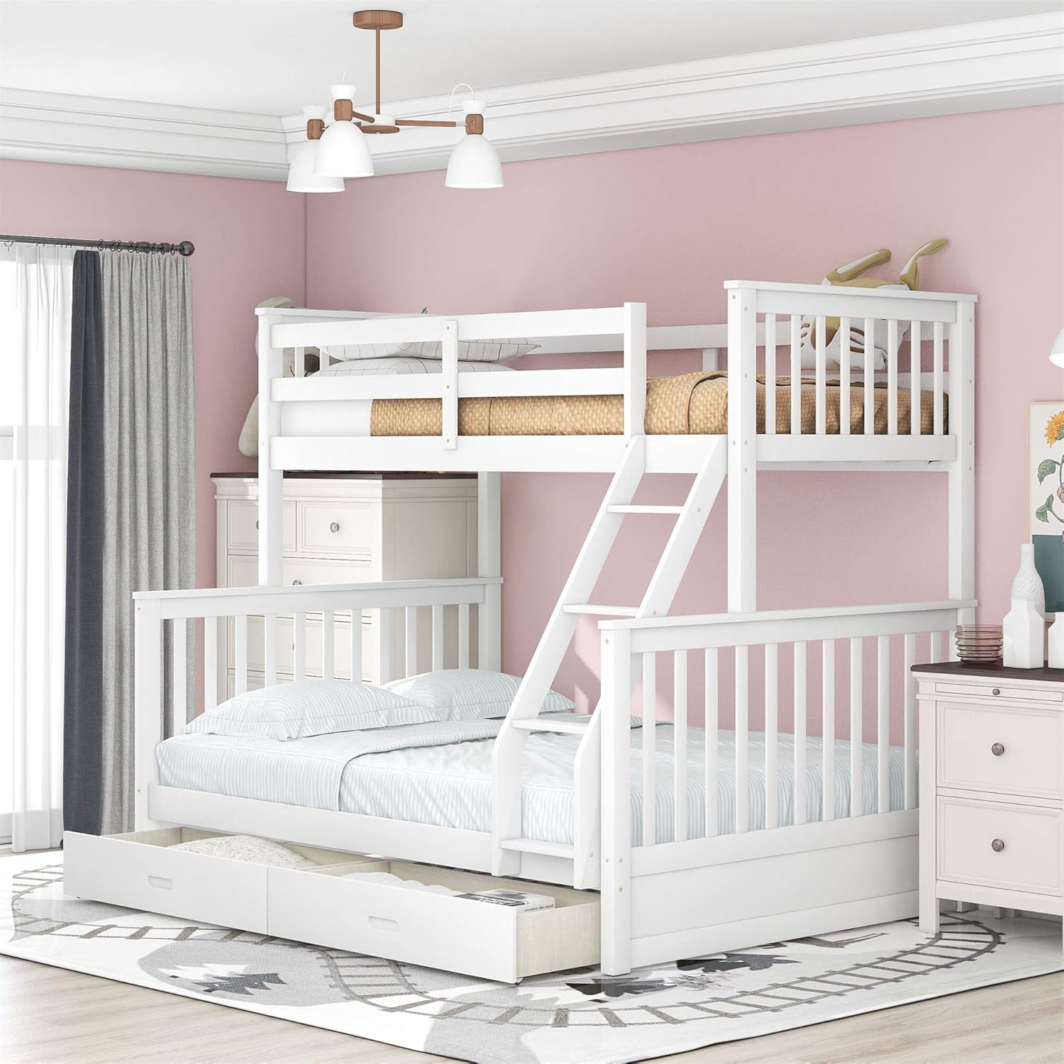 White Twin Over Twin/Full Bunk Bed with Storage Drawers X6766