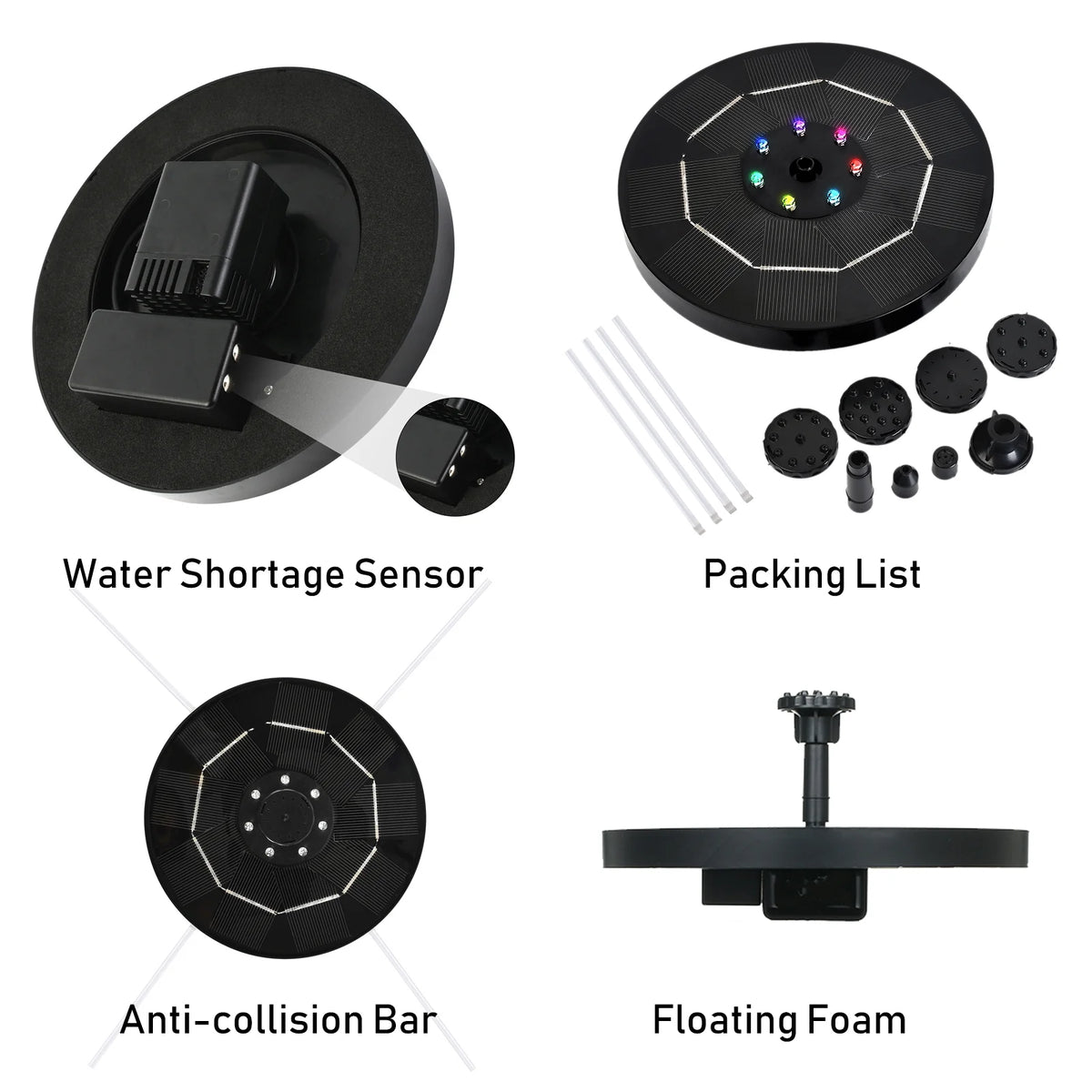 Solar Fountain Pump with Colorful Gradient Light 1800mAh Battery 6 Nozzles W676382
