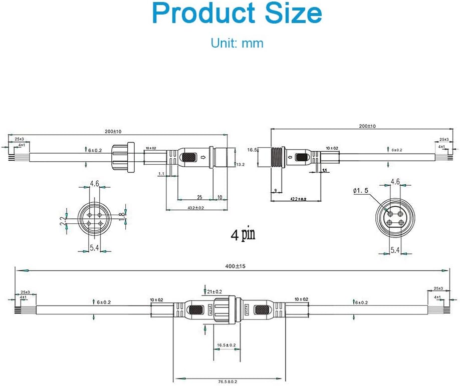 5 Pairs 4 Core Electrical LED Connector IP65 with 20cm 18AWG Cable E65628