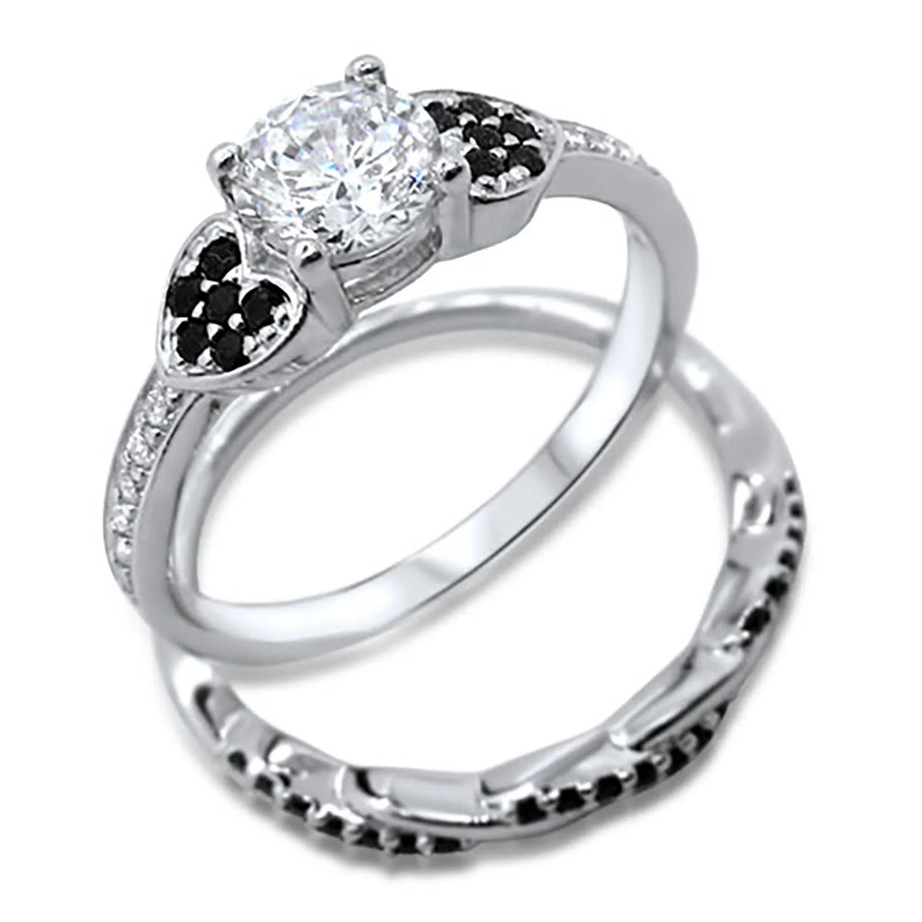 3 Piece Sterling Silver Black Titanium Wedding Band Engagement Ring Set S9229