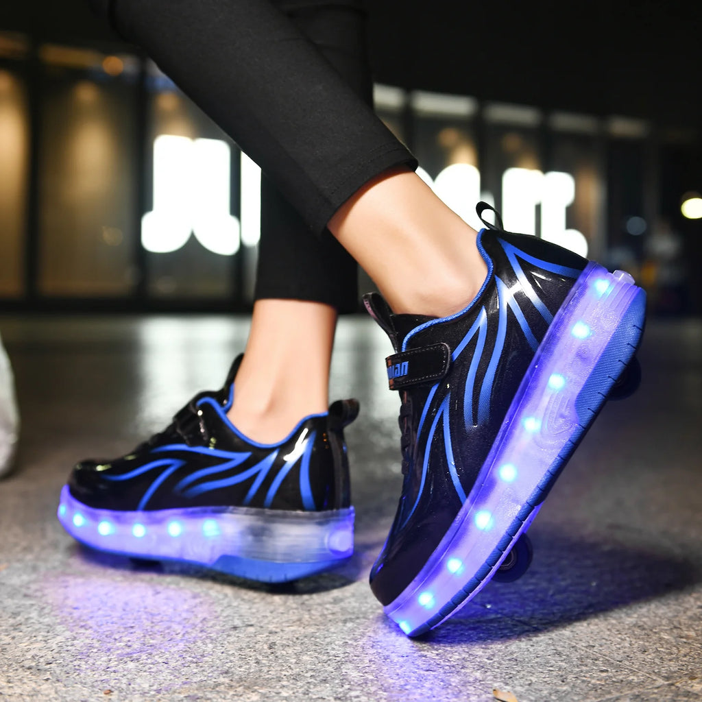 Kids Roller Skates LED Light Up Shoes 2 Wheel Skate Sneaker T8777