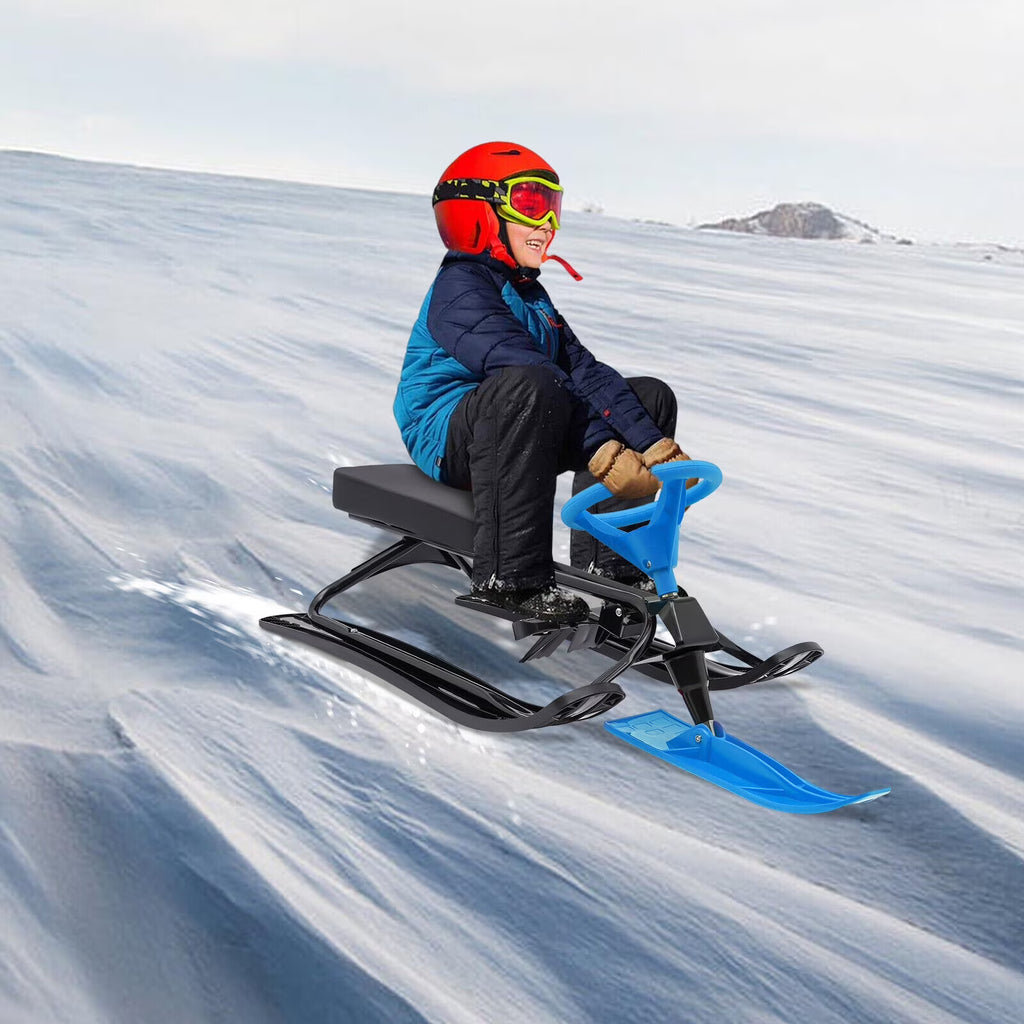 Blue Snow Sled with Steering Wheel and Double Brake Pull Rope S7734