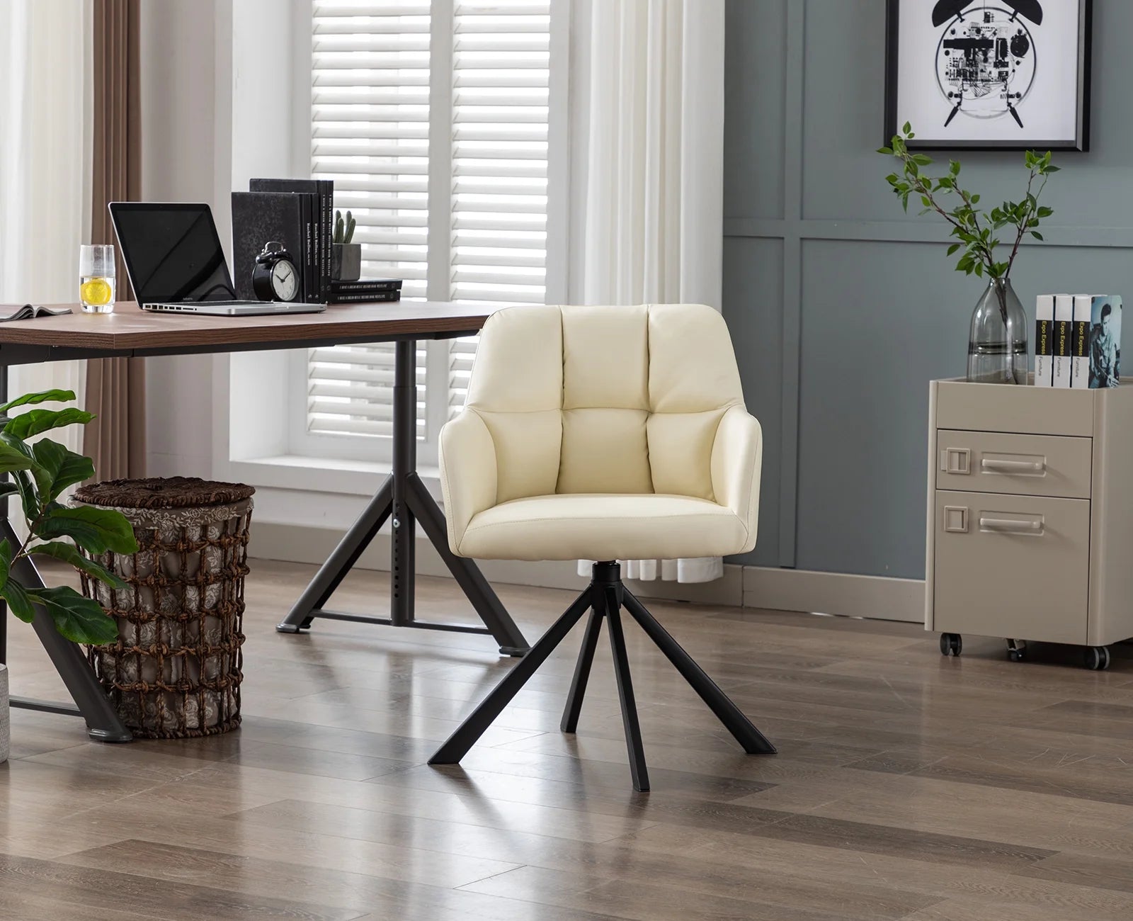Beige PU Leather Swivel Office Chair with Black Metal Legs N7843