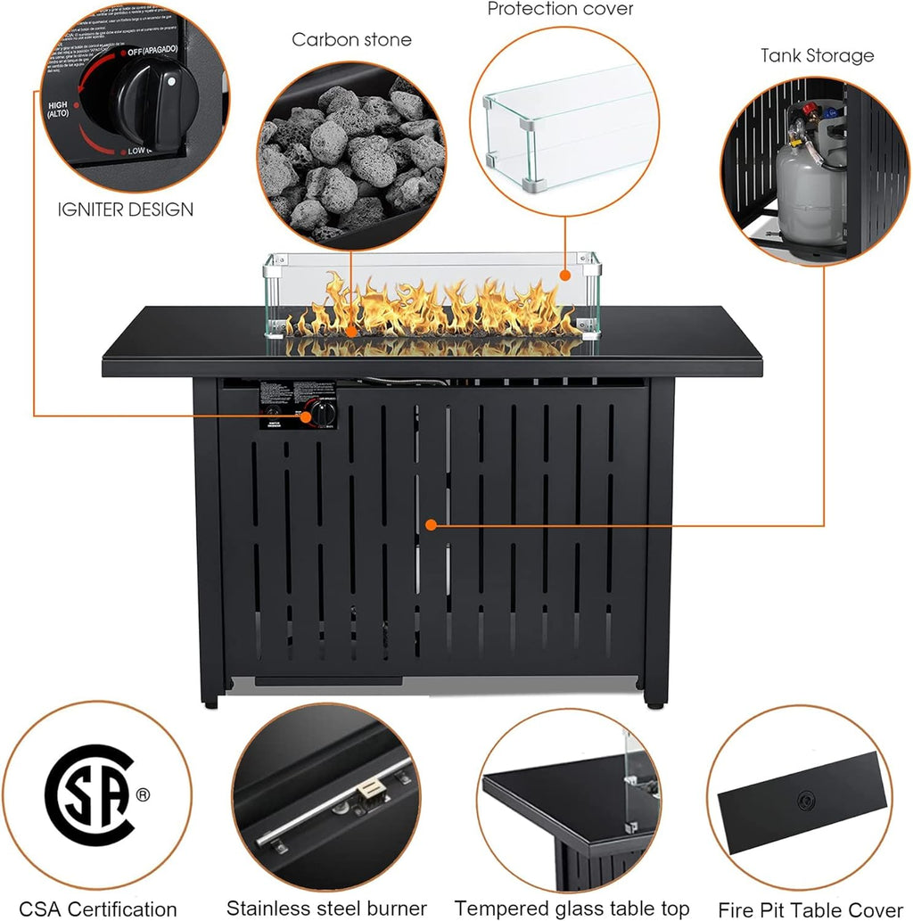 Propane Fire Pit Table, 43 Inch 50,000 BTU Auto-Ignition with Glass Wind Guard and Lava Stone I7869