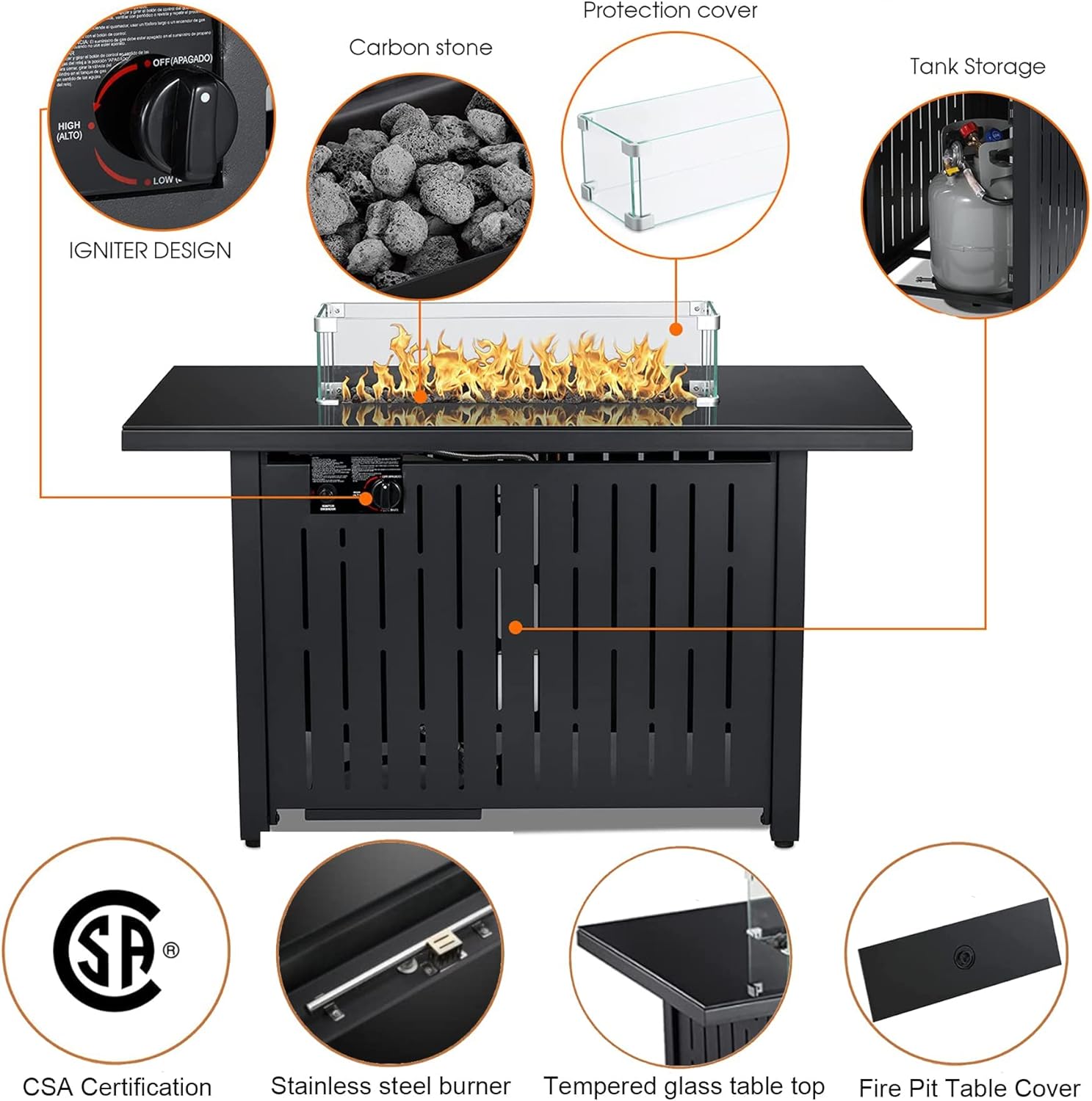 Propane Fire Pit Table, 43 Inch 50,000 BTU Auto-Ignition with Glass Wind Guard and Lava Stone I7869