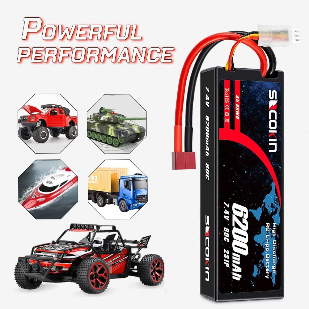 2 Pack 7.4V 2S 6200mAh 80C Hard Case Lipo Battery with Deans T B53237