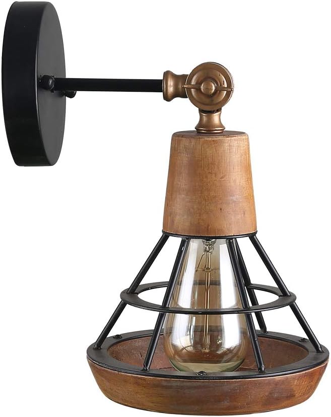 Conical Industrial Wood Wall Sconce with Cage Shade, 1-Light, Brown B349
