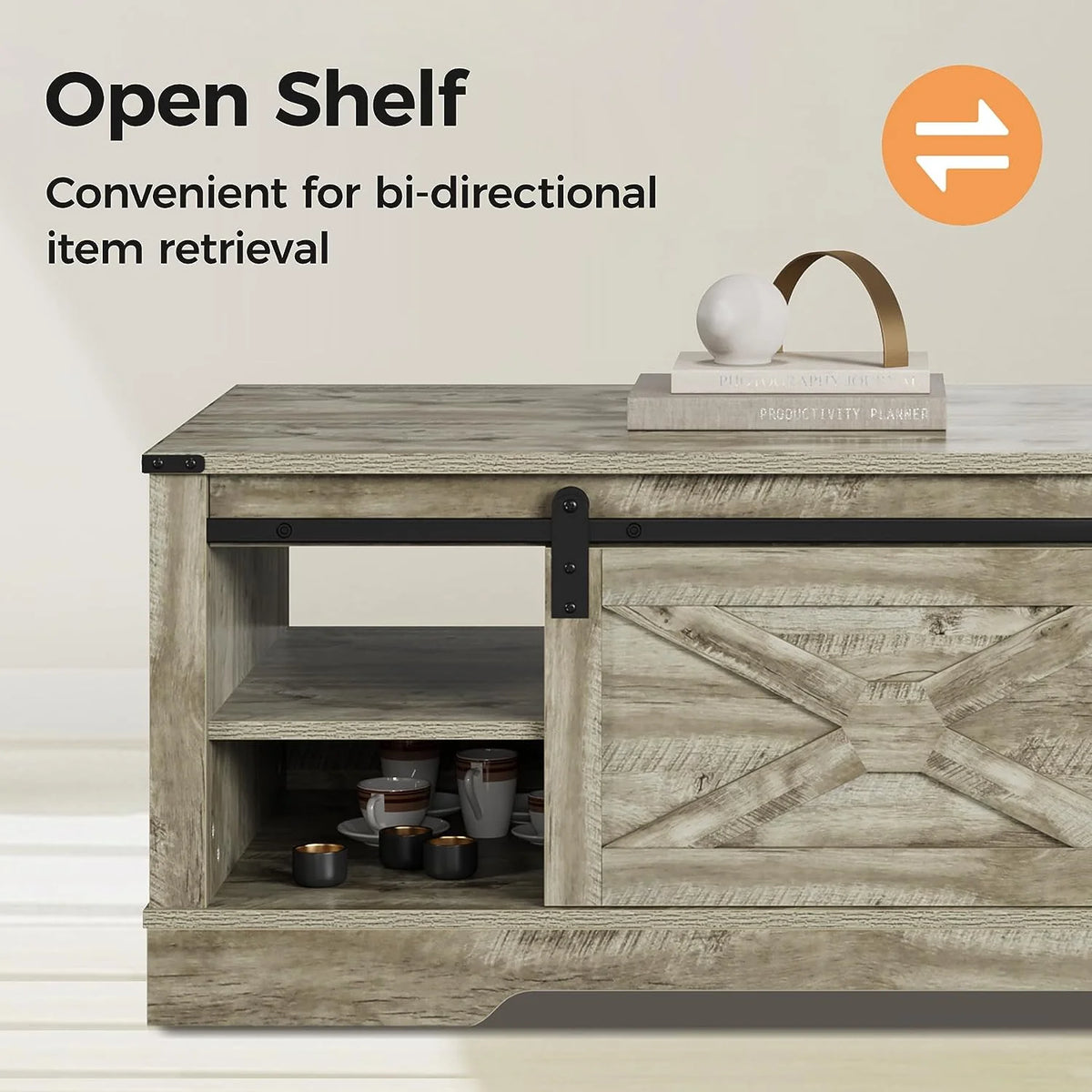 Warm Grey Rectangular Coffee Table with Storage Drawer and Sliding Barn Door T833966