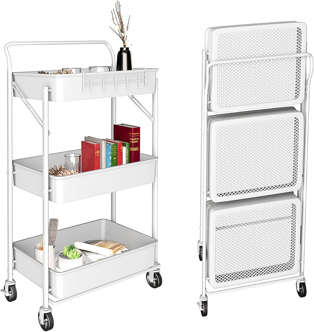 3 Tier Foldable Metal Rolling Cart with Wheels R53316