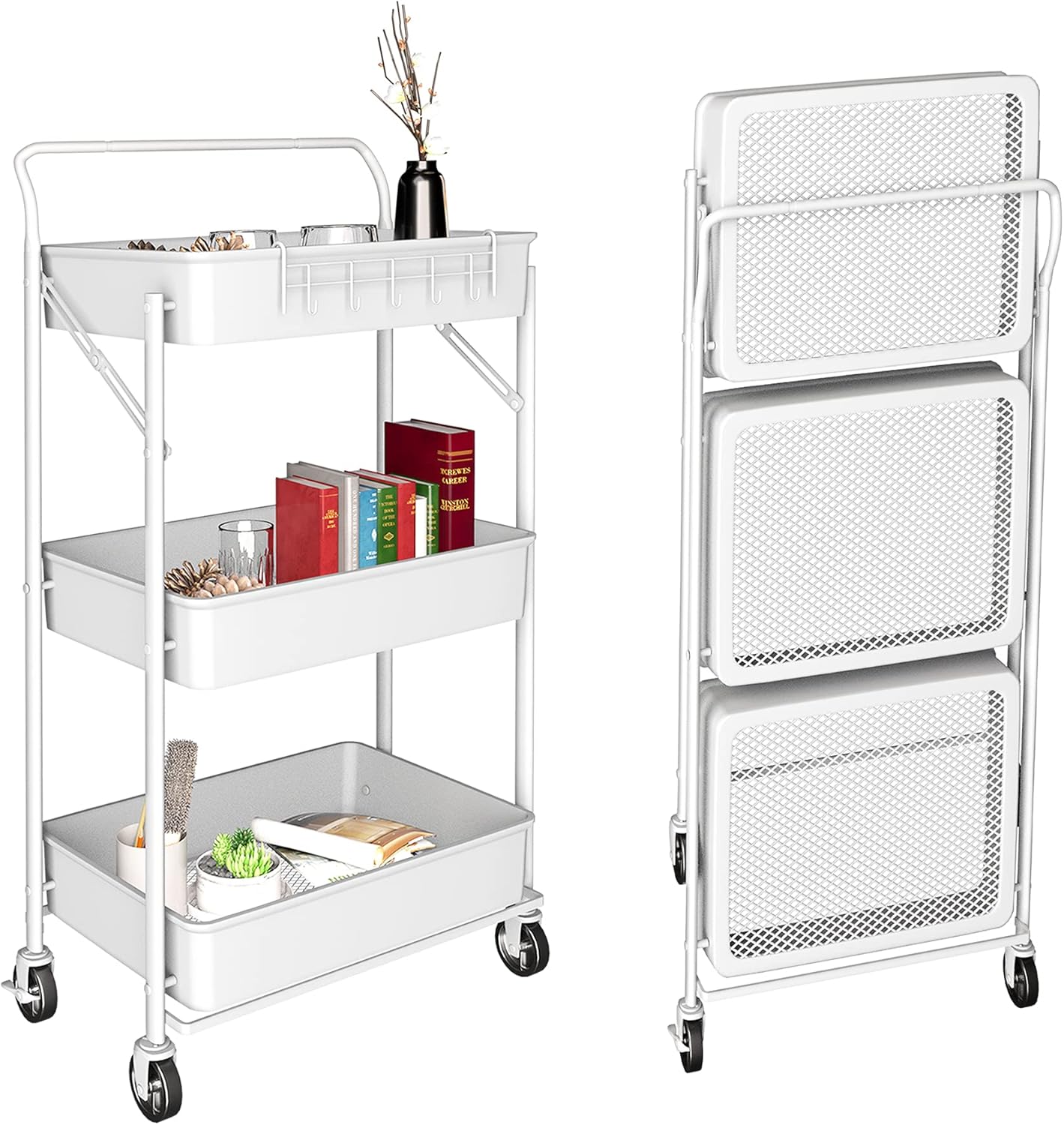 3 Tier Foldable Metal Rolling Cart with Wheels R53316