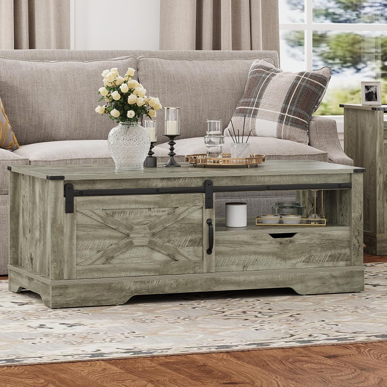 Warm Grey Rectangular Coffee Table with Storage Drawer and Sliding Barn Door T833966