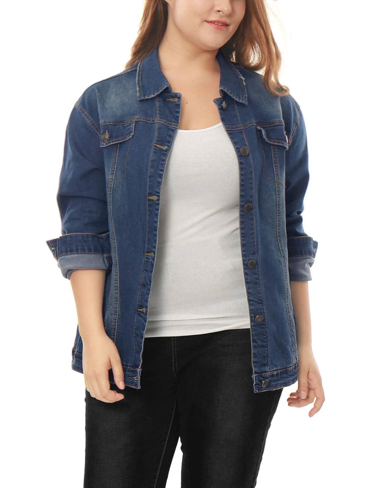 Plus Size Long Sleeve Washed Denim Jacket E77632