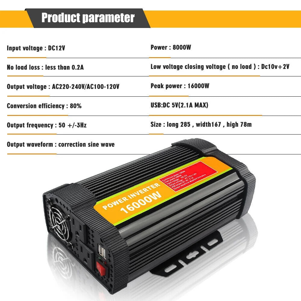 8000W Peak Car Power Inverter DC 12V to AC 110V with 2 AC Outlets and 2.1A Dual USB Charging Port X8170