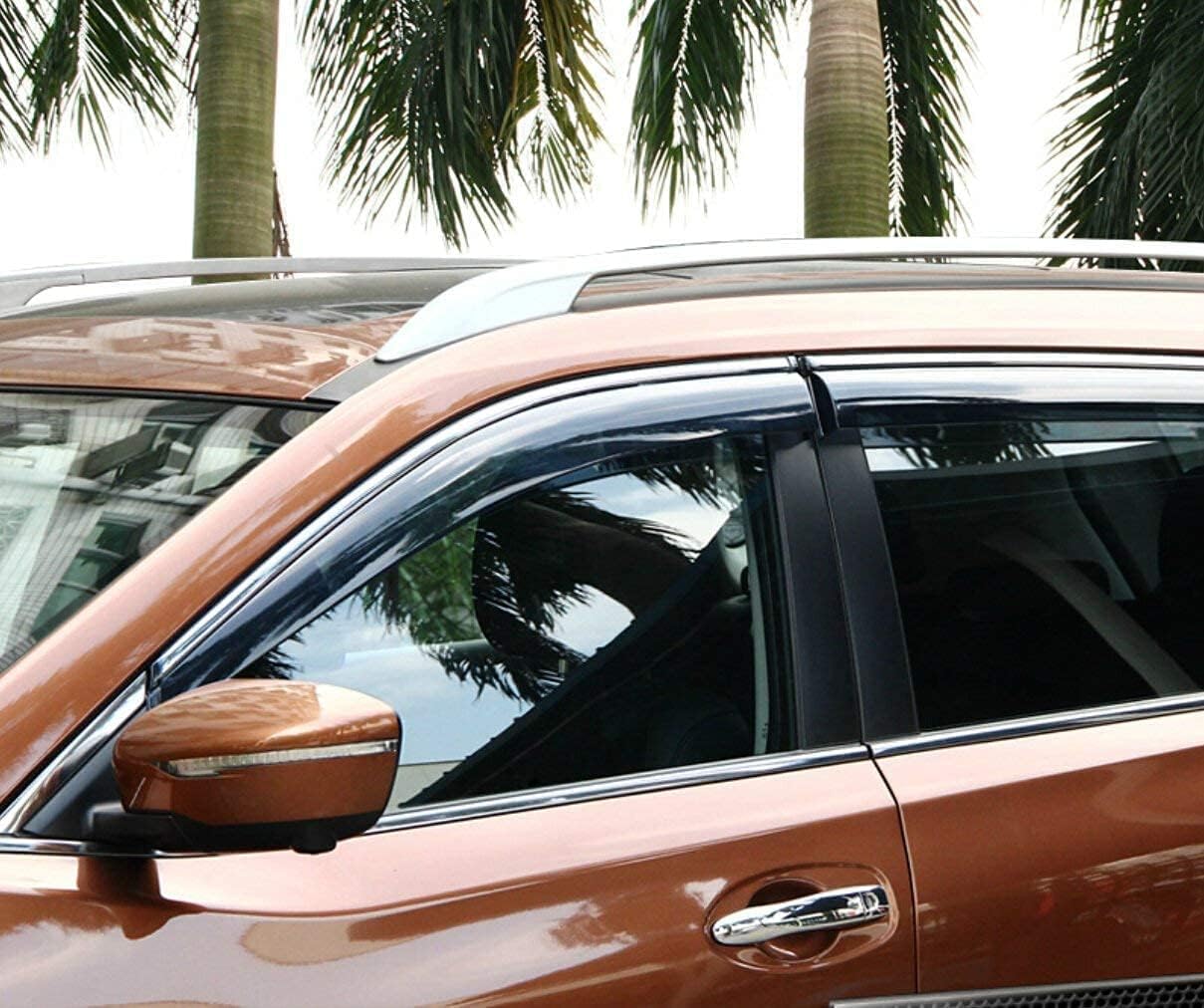 Tape on Polycarbonate Rain Guards Window Visors for Nissan Rogue 2014-2020 with 304 Stainless Steel Trim H7390
