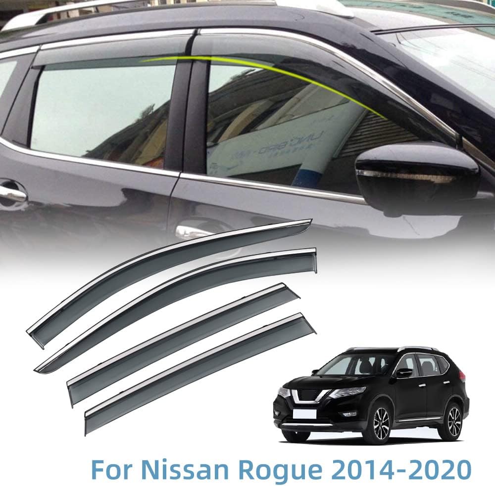 Tape on Polycarbonate Rain Guards Window Visors for Nissan Rogue 2014-2020 with 304 Stainless Steel Trim H7390