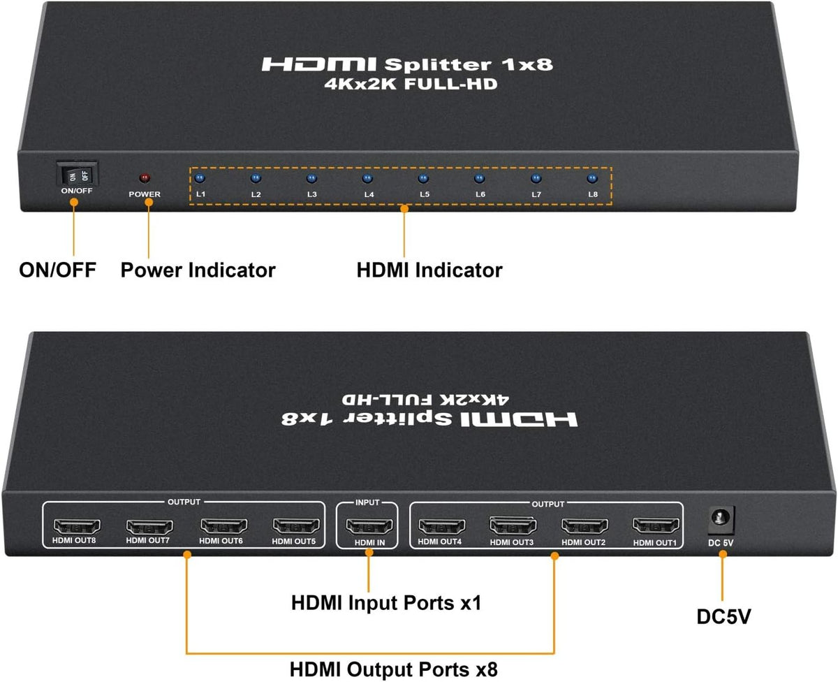 4K 1x8 HDMI Splitter Powered 8way Audio Video Distributor Amplifier with Charger L261247