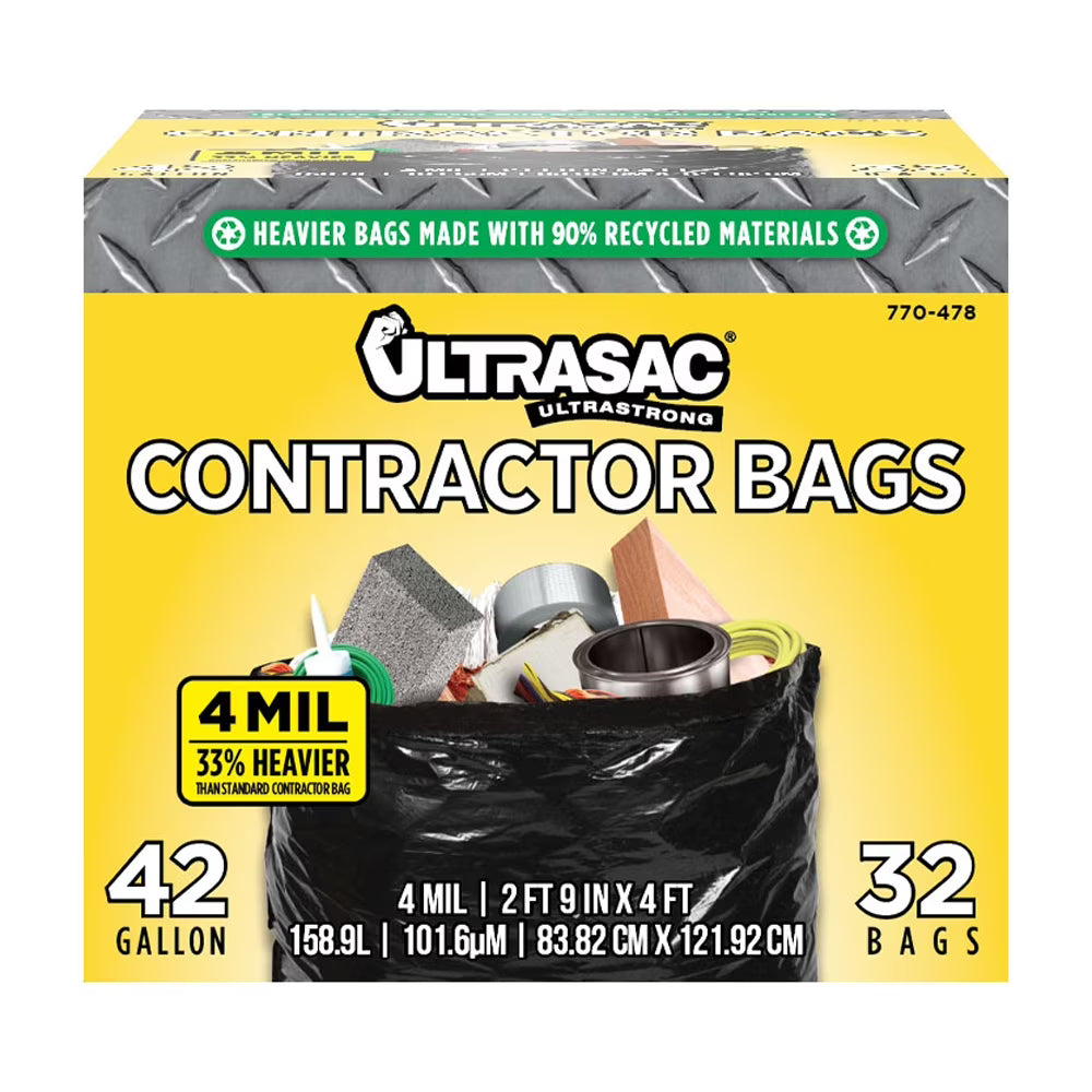 Extra Heavy Duty Contractor Bags - 42 Gallon, 4 Mil (32 Pack w/Ties) - 33" x 48" M686
