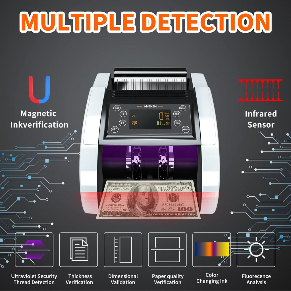 Money Counter with UV/MG/IR/DBL/HLF/CHN Counterfeit Detection, Portable Bill Counter with LED Display, 1,000 Bills/Min C298