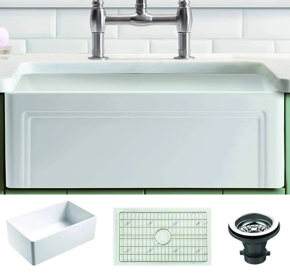 White Fireclay Kitchen Sink with Grid & Strainer C319214