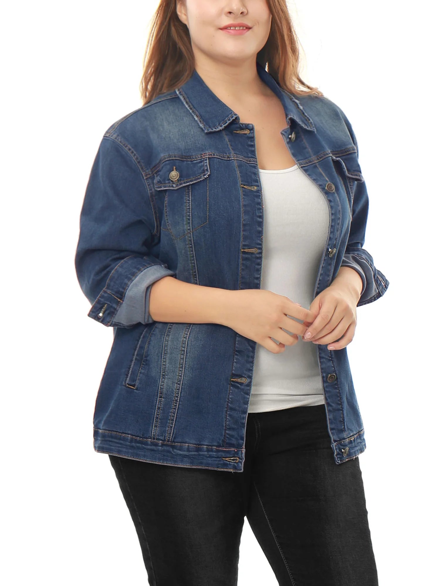 Plus Size Long Sleeve Washed Denim Jacket E77632