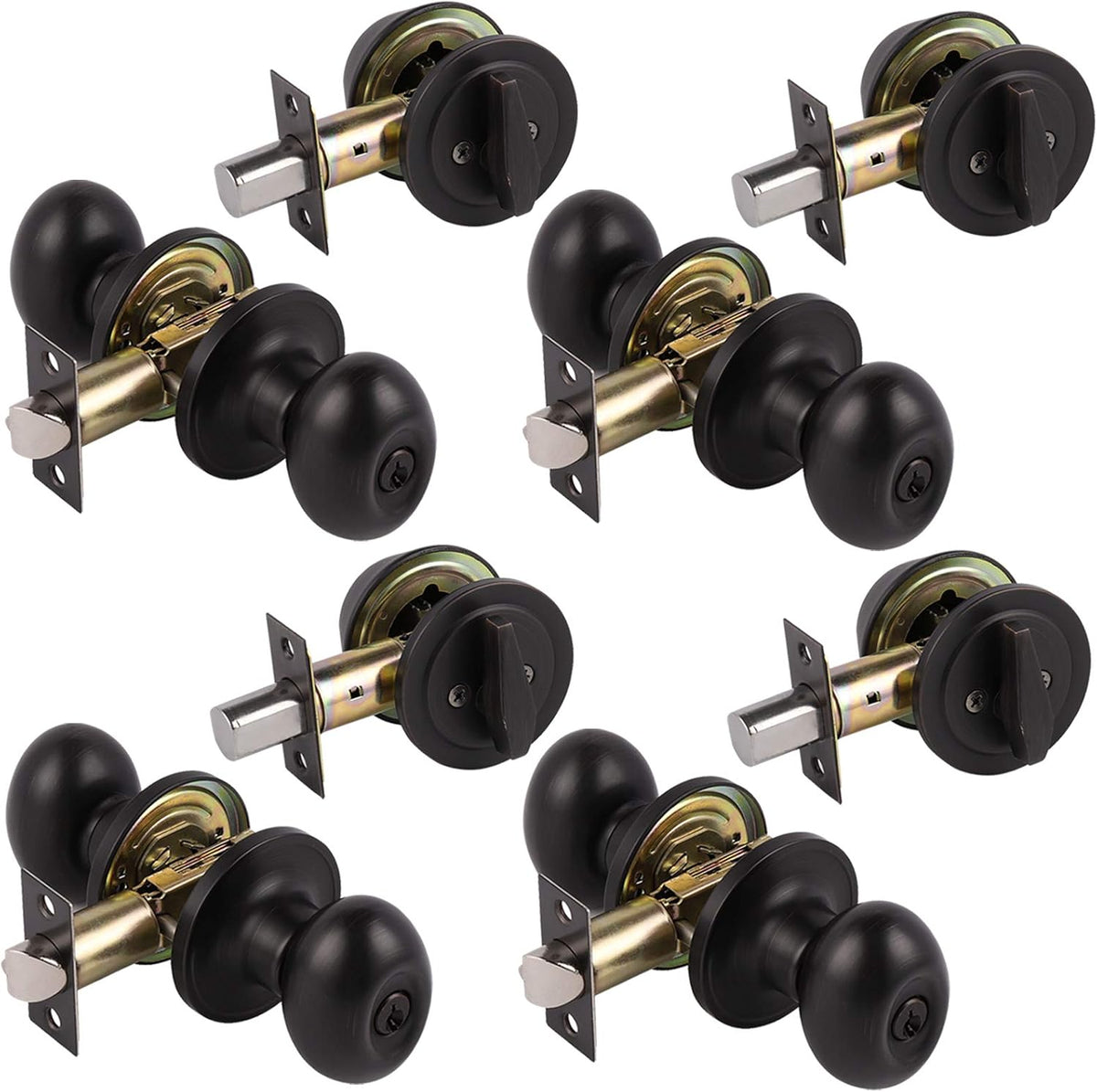 Satin Nickel Oval Door Knobs with Double Cylinder Deadbolts Combo Keyed Alike 3 Packs Q63114