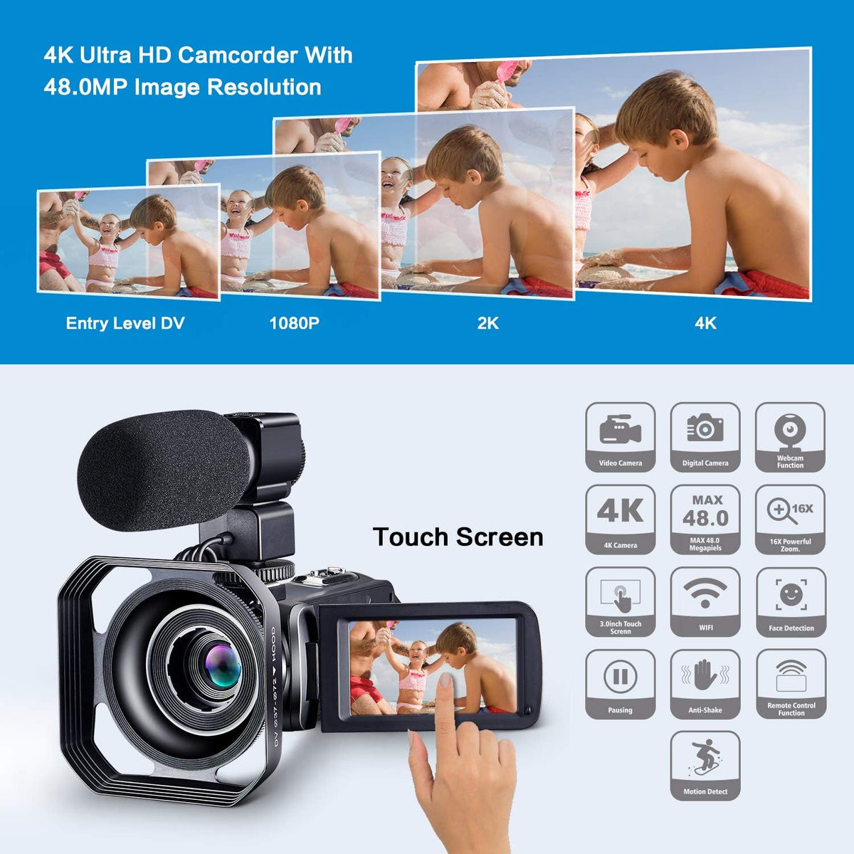 4K 48MP Camcorder with Microphone & Remote Control WiFi Digital Camera Q794