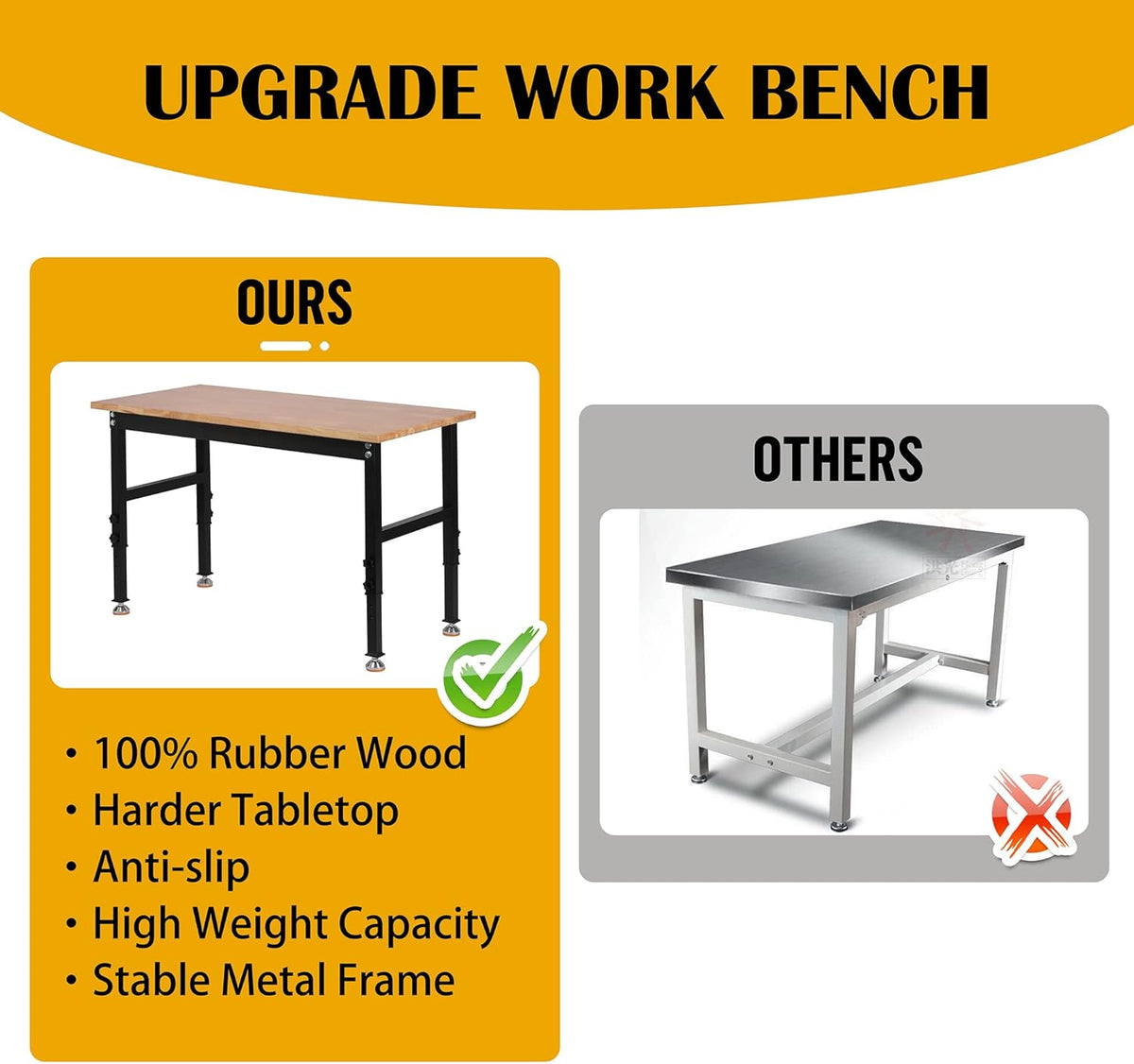 48 Heavy-Duty Adjustable Workbench Rubber Wood Shop Table X708297