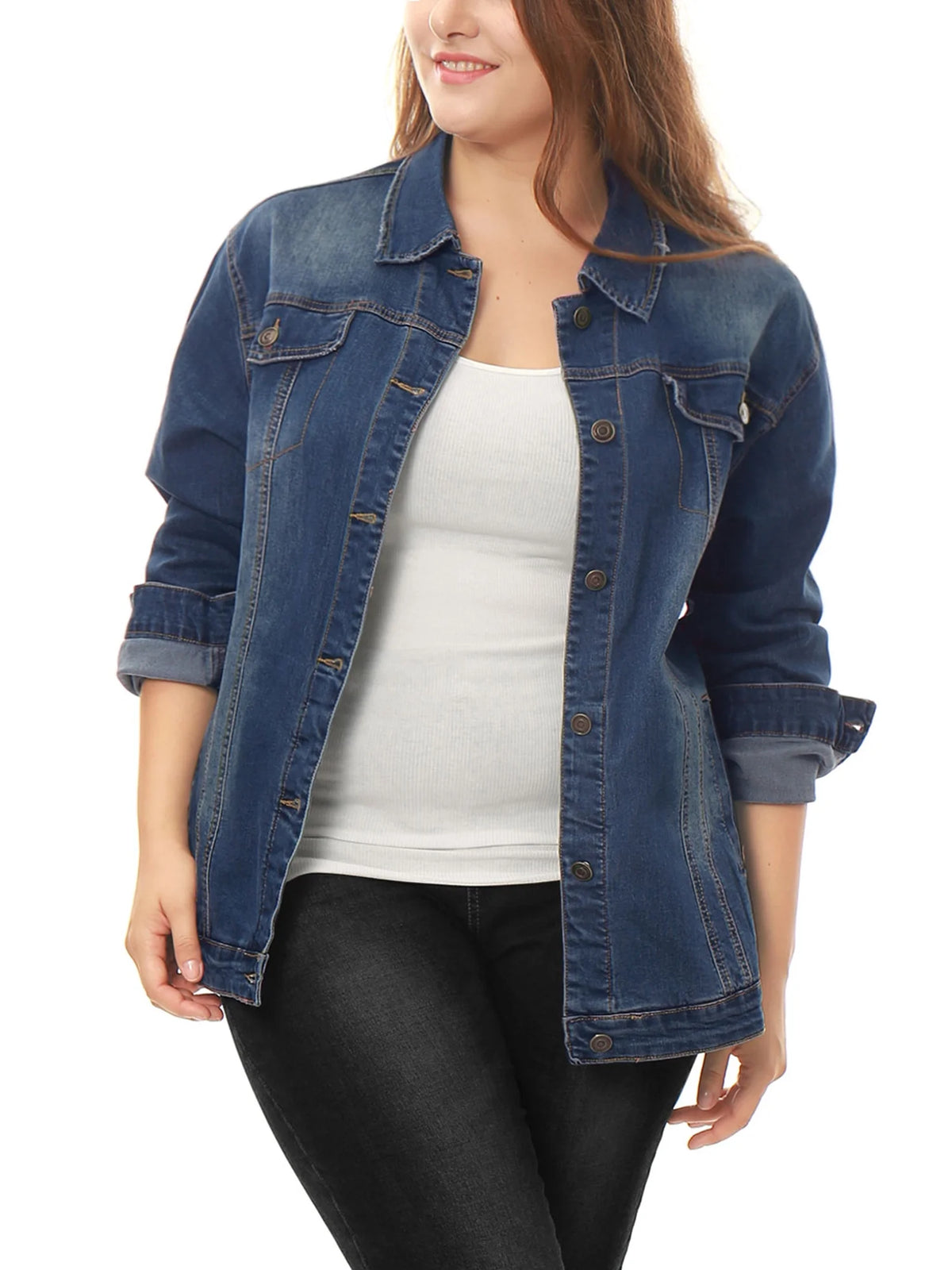 Plus Size Long Sleeve Washed Denim Jacket E77632