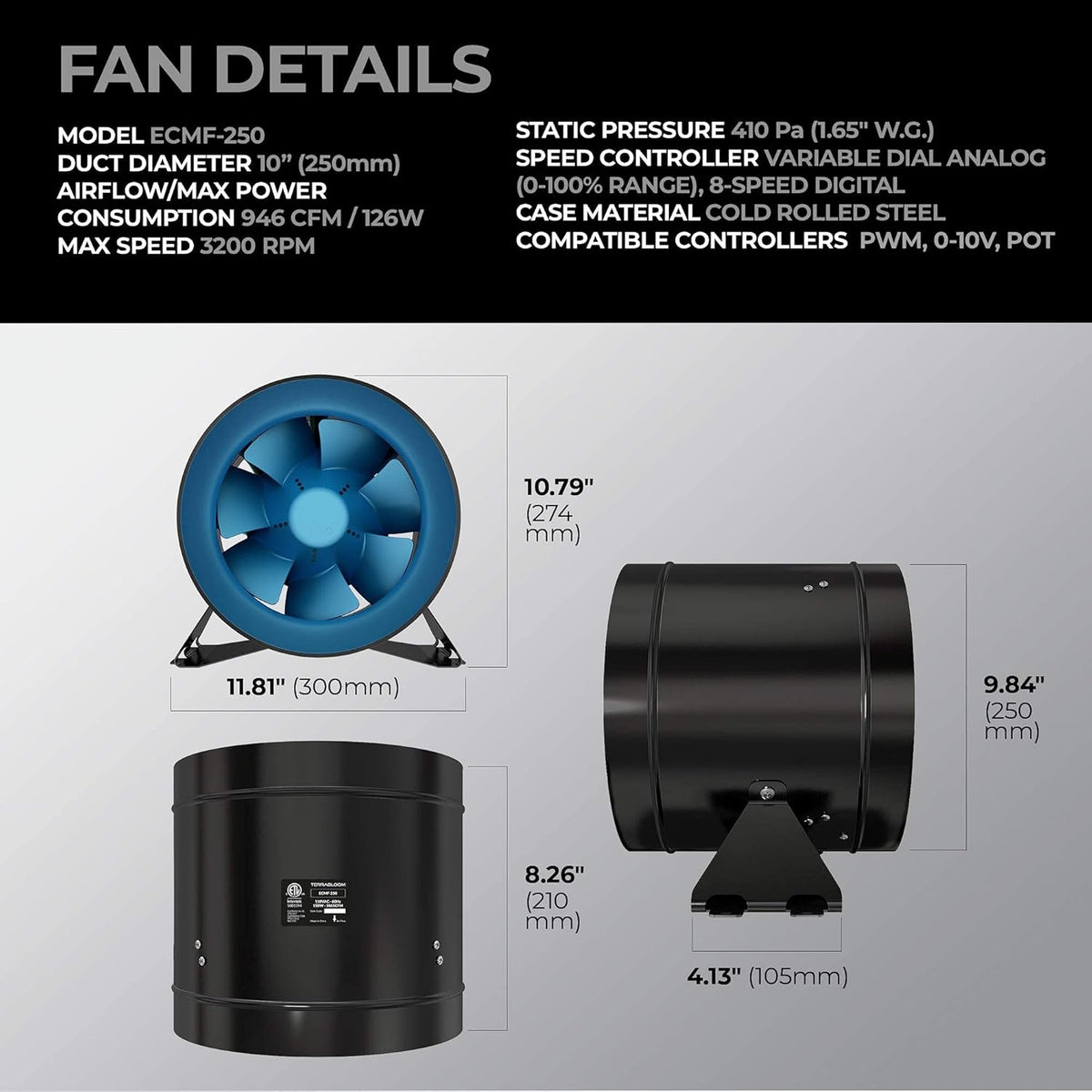 10 Inch Inline Duct Fan with Variable Speed Controller G981