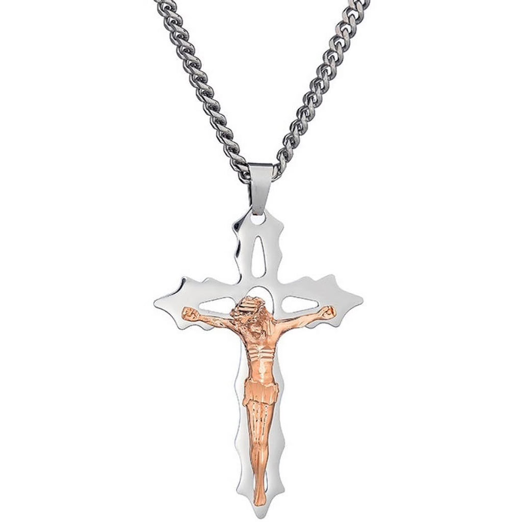 Stainless Steel Cross Crucifix with Rose Gold-Tone Jesus, 24" Chain Z4000