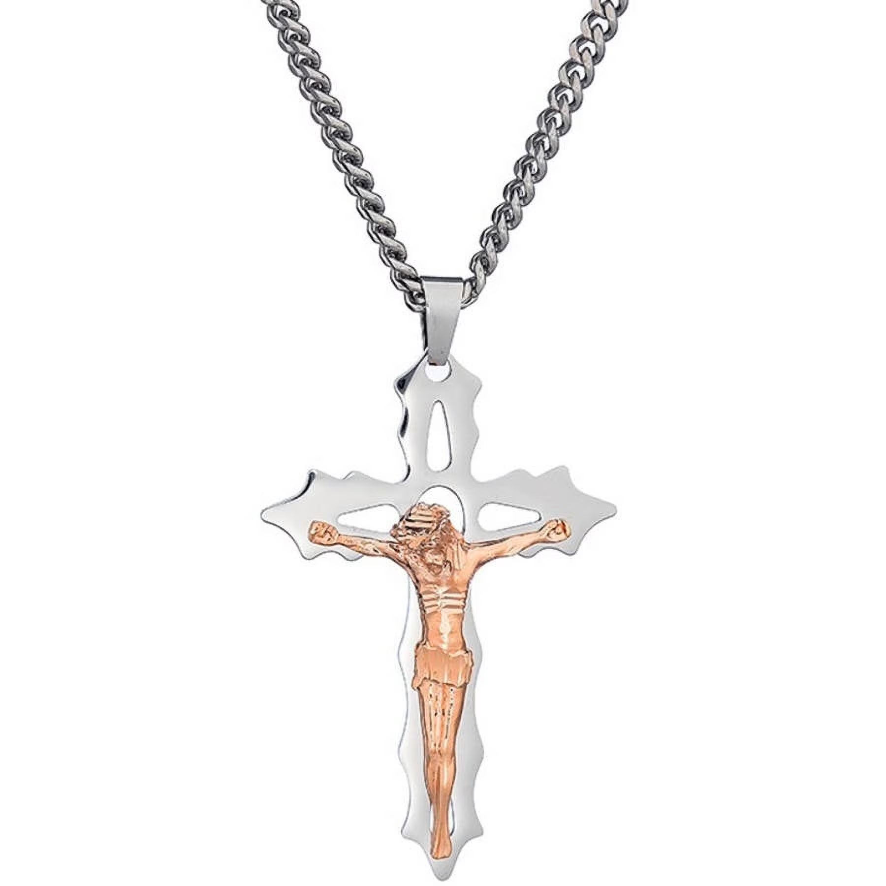 Stainless Steel Cross Crucifix with Rose Gold-Tone Jesus, 24" Chain Z4000