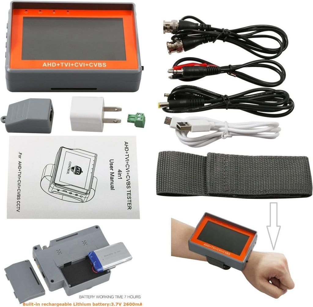 4 in 1 CCTV Tester for 1080P/5.0 Megapixel AHD, TVI, CVI, CVBS Security Camera, 4.3 inch LCD Monitor, 12V 1A DC Power Out, PTZ/Audio Tester F631