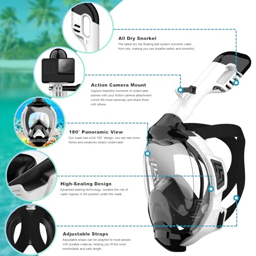 Full Face Snorkel Mask with Dry Top Breathing System and Detachable Camera Mount S25475