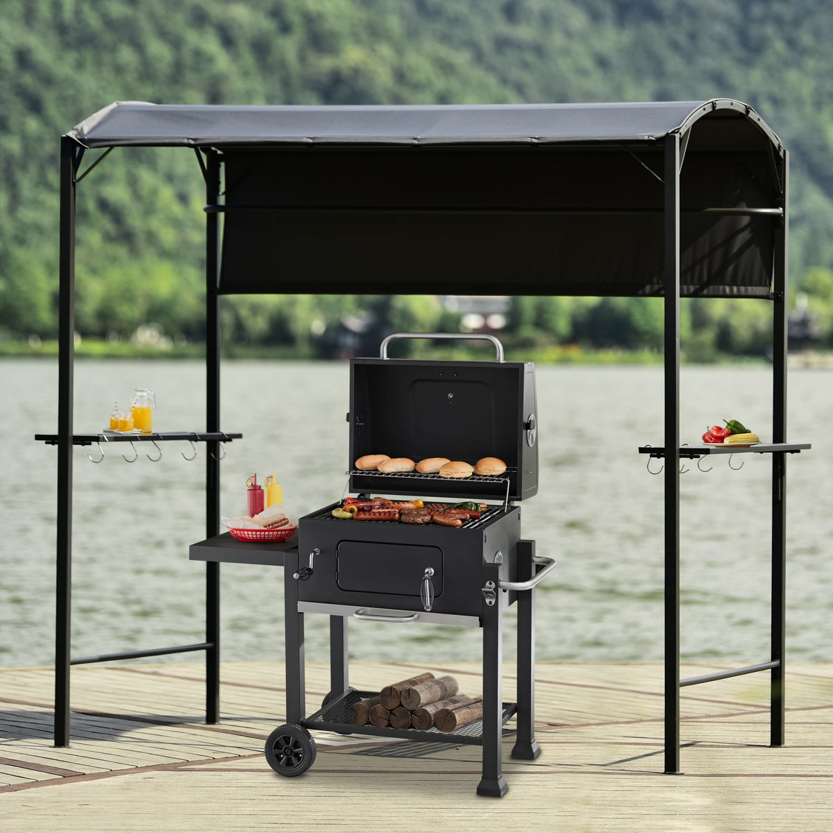 Gray Iron BBQ Grill Gazebo with Side Awning P860560